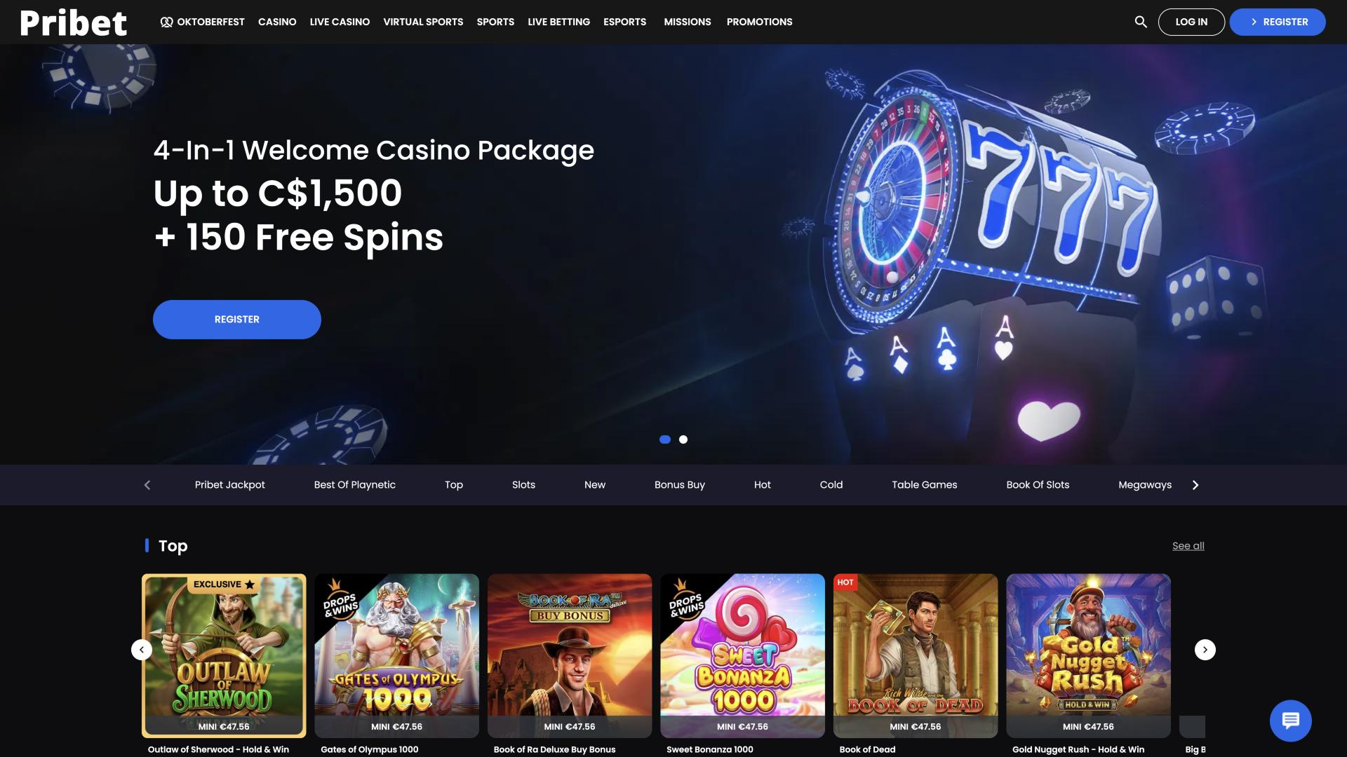 Screenshot of the Pribet website
